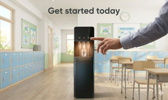 Premium matte black water cooler dispenser with 'Get started today'